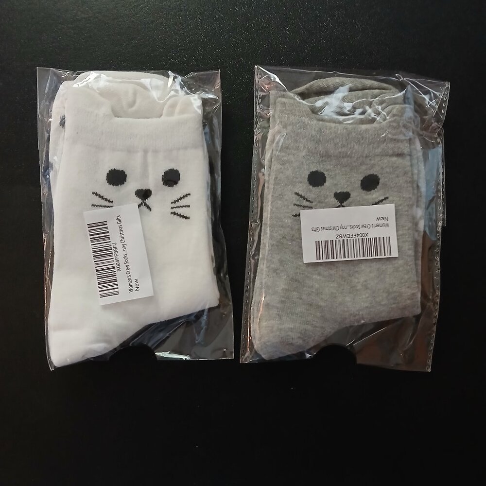 Women's Cat Socks 2 Pair White / Grey New In Pack